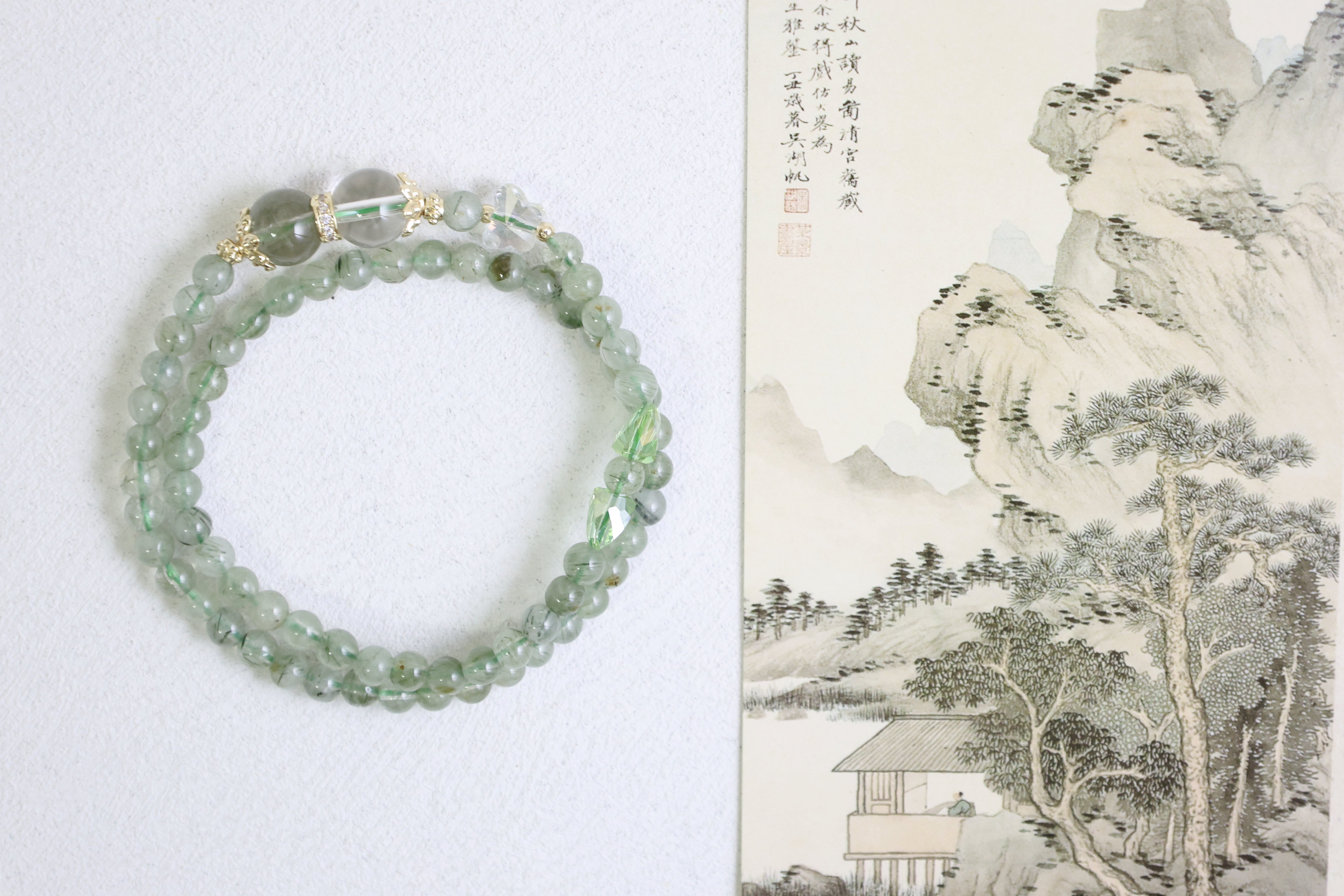 Verdant Halo - Green Phantom & Clear Quartz Double Loop Bracelet