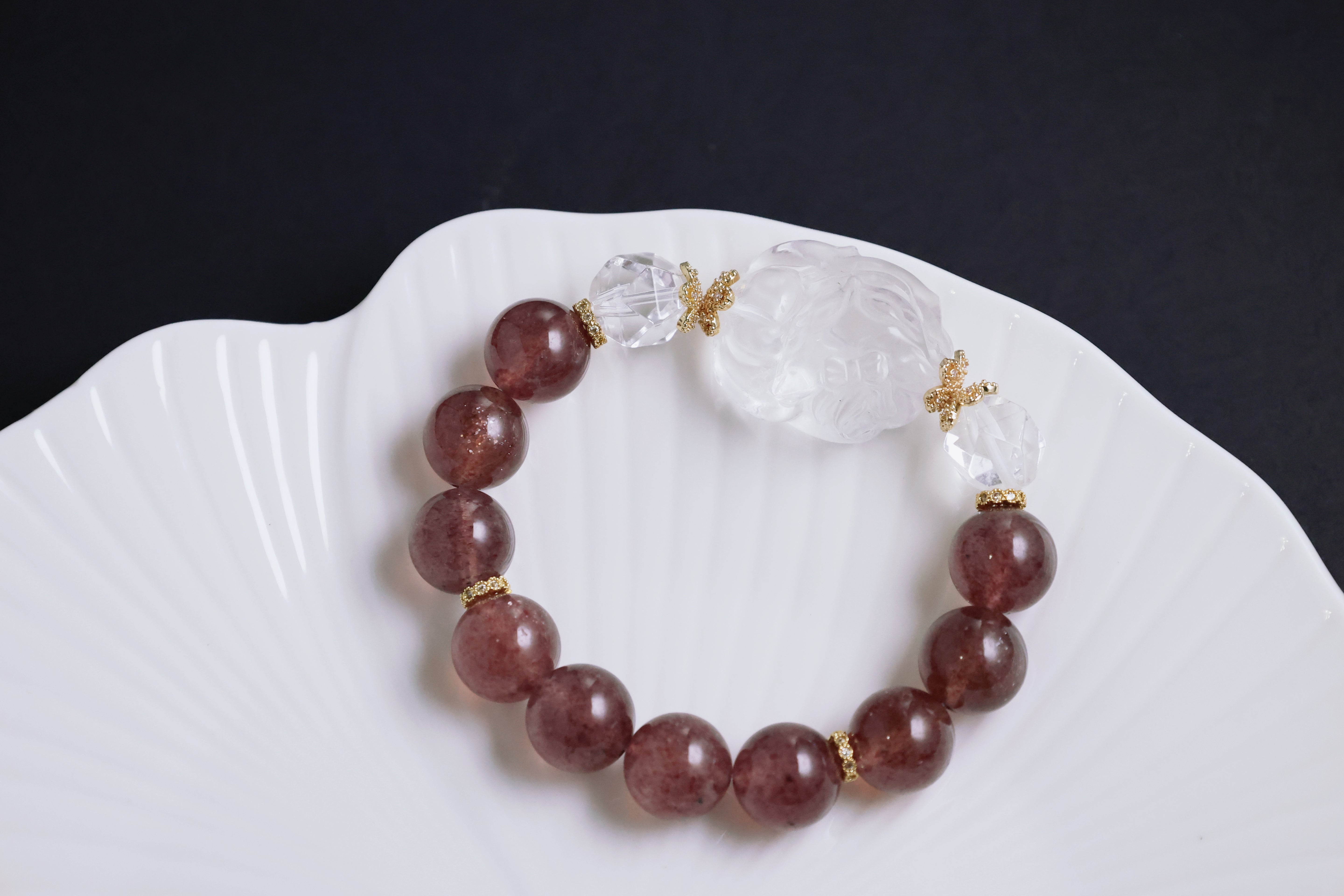 Celestial Fox Charm - Starlight Strawberry Quartz and White Crystal Bracelet with Nine-Tailed Fox Bracelet