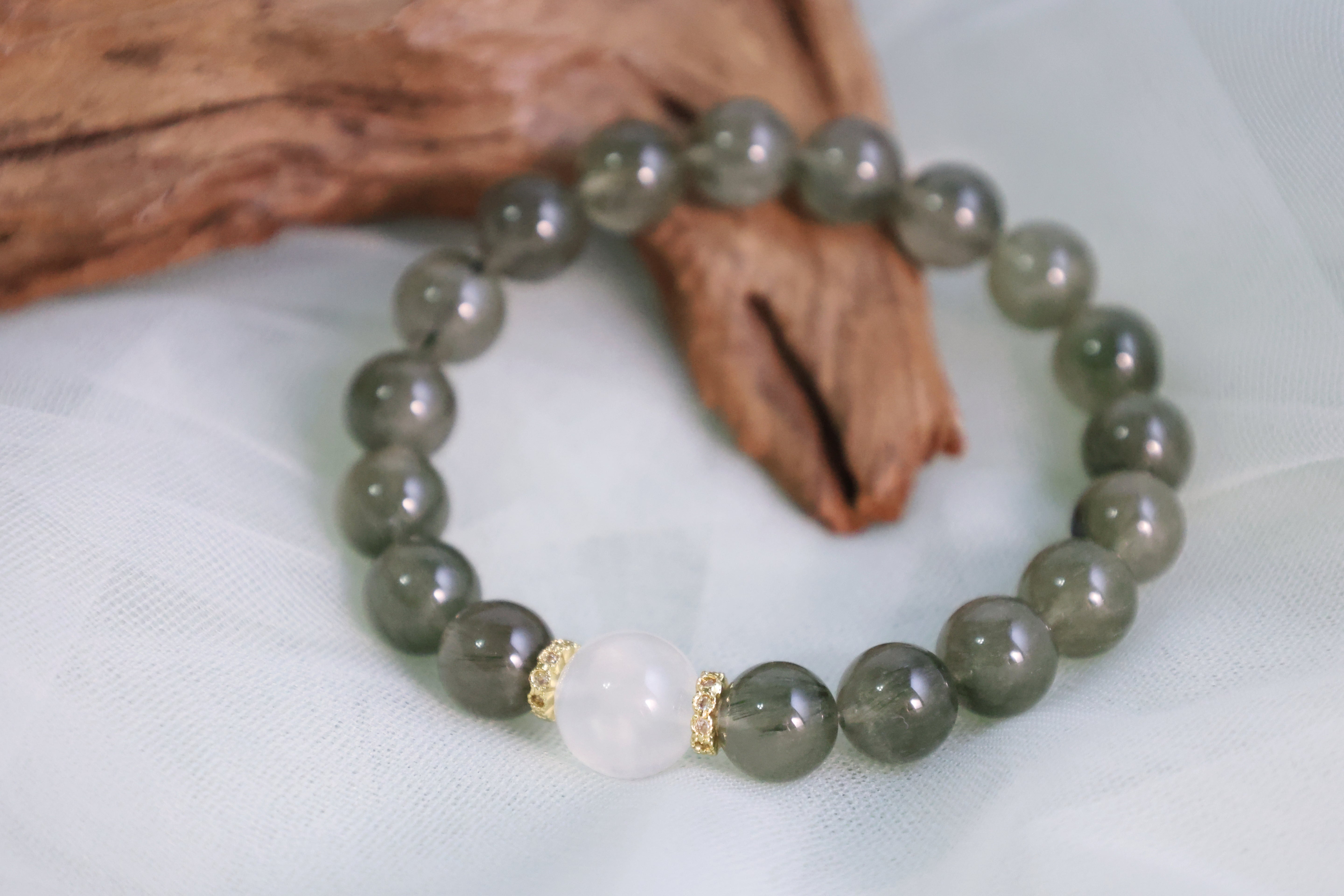 Lunar Serenity Forest - Green Rutilated Quartz and Moonstone Bracelet