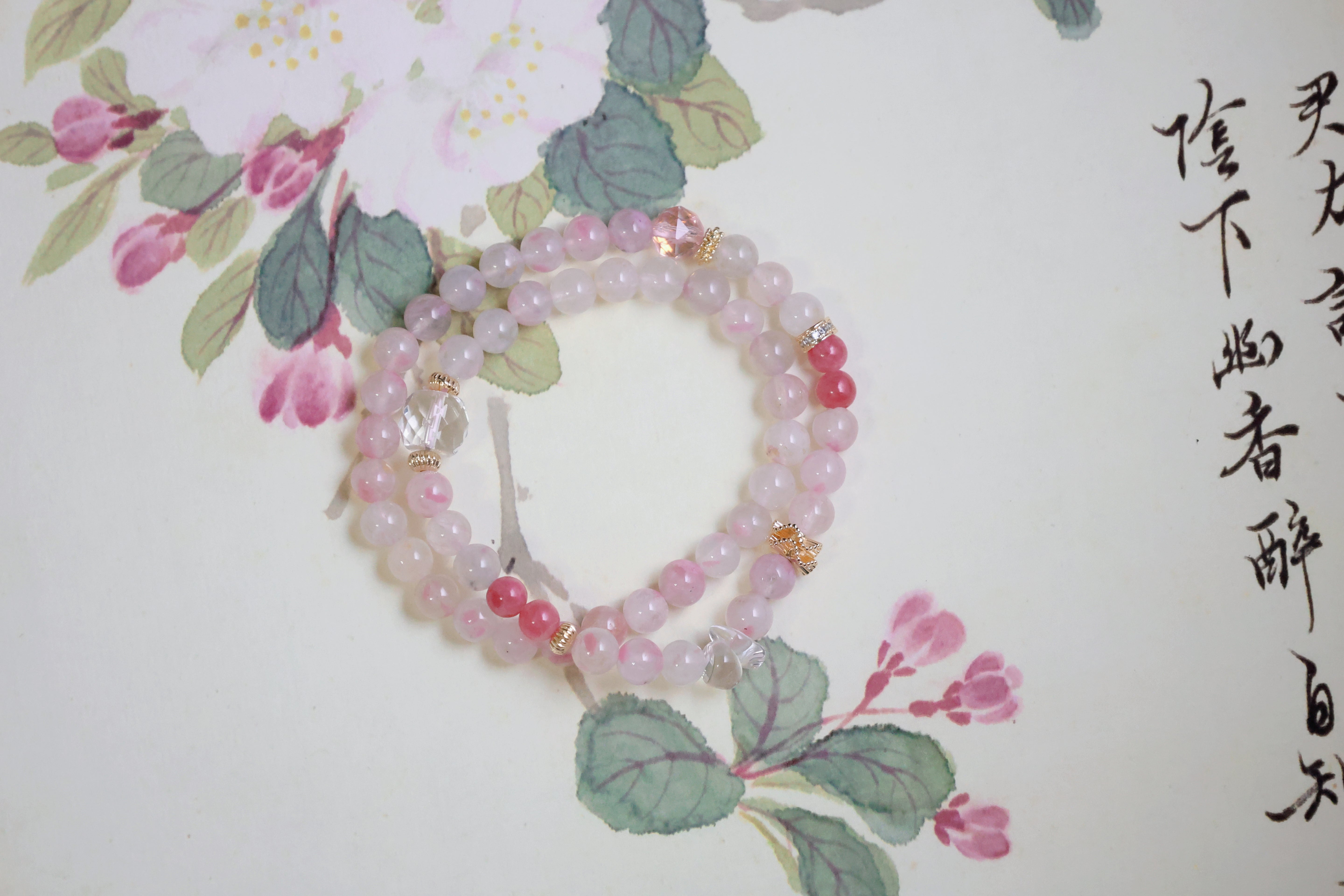 Peach Blossom - Rose & Clear Quartz Double Loop Bracelet