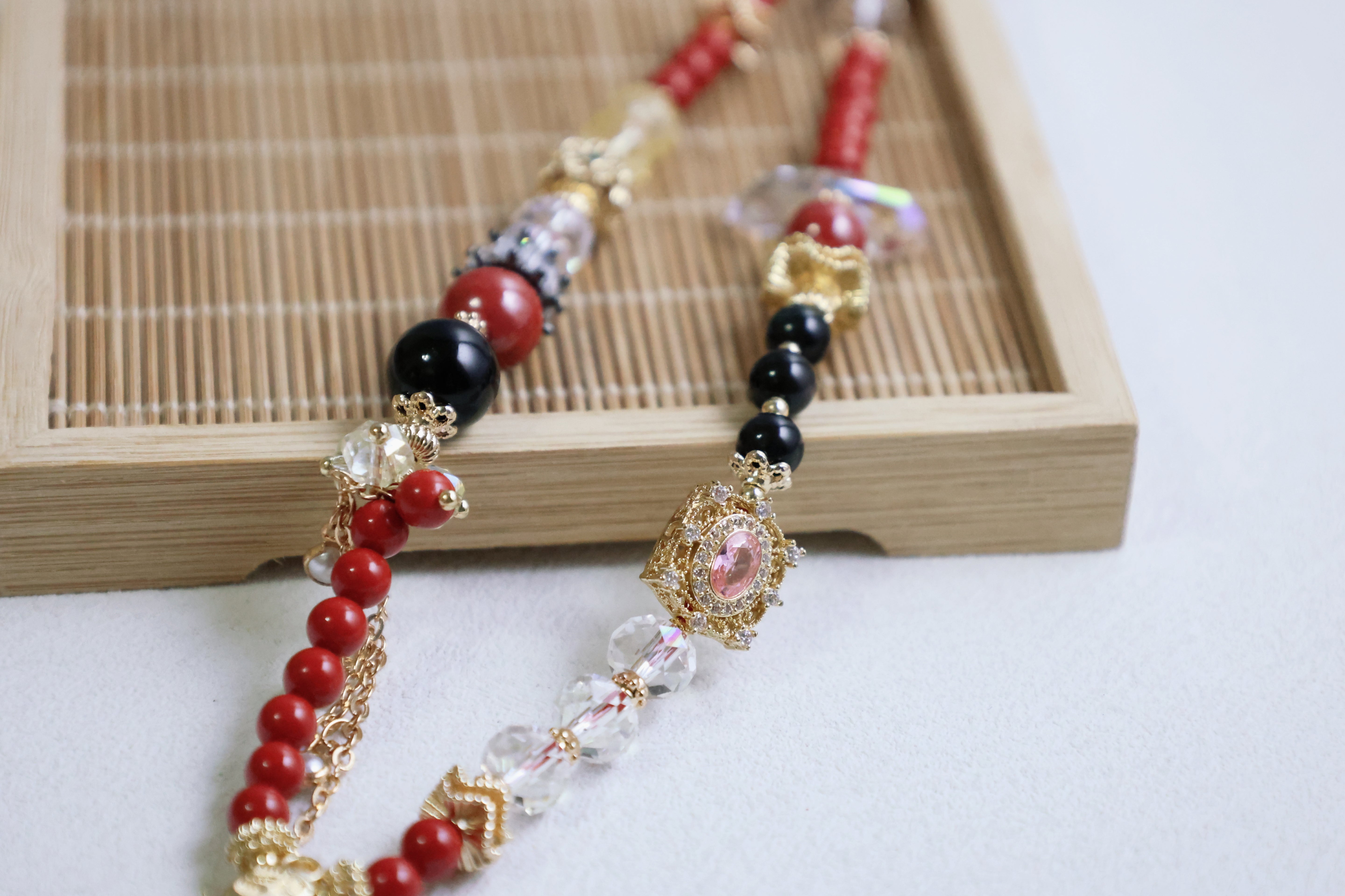 Crimson Cascade - Red Cinnabar, Black Tourmaline & White Crystal Tassel Multi-Purpose Chain