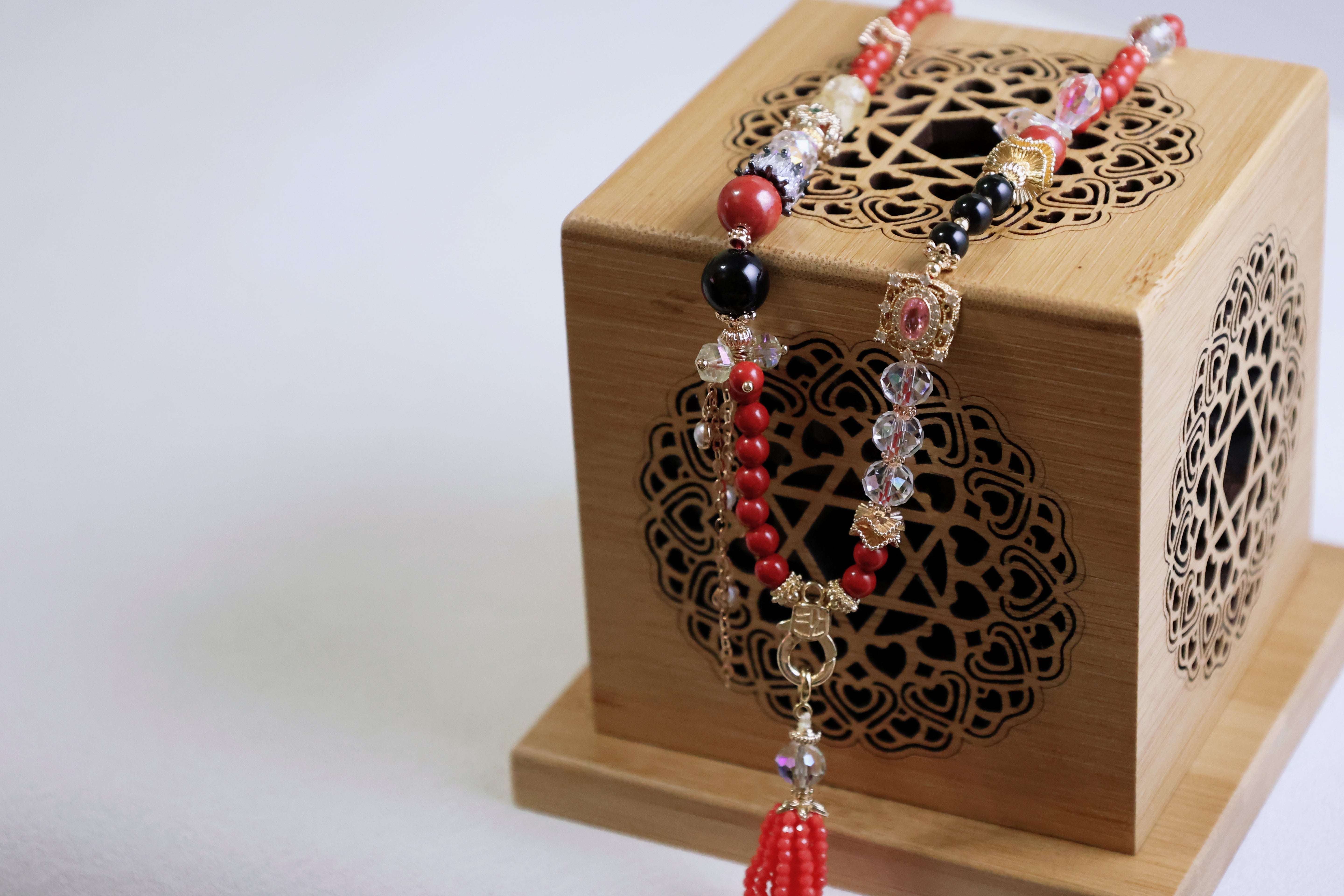 Crimson Cascade - Red Cinnabar, Black Tourmaline & White Crystal Tassel Multi-Purpose Chain