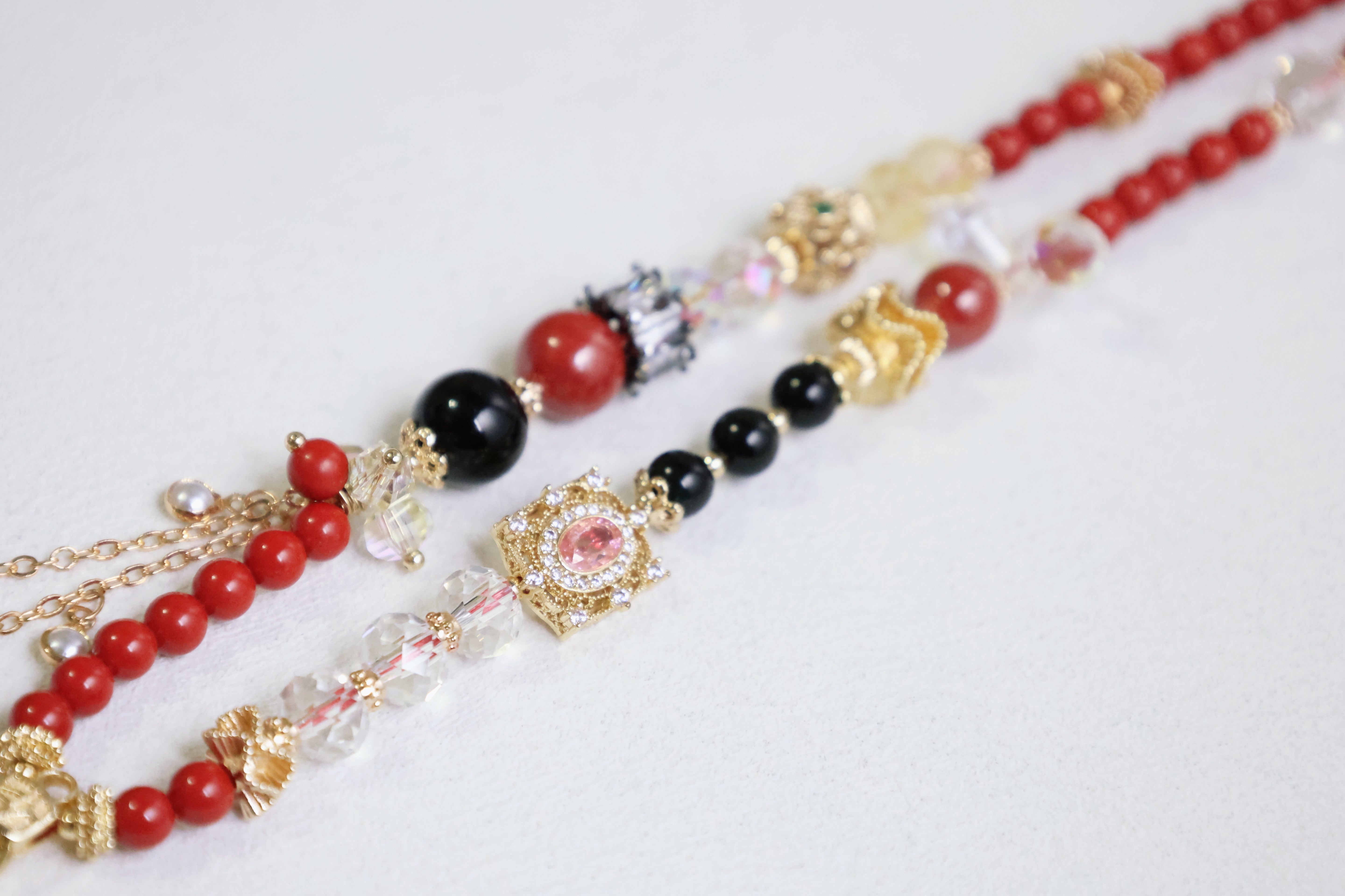 Crimson Cascade - Red Cinnabar, Black Tourmaline & White Crystal Tassel Multi-Purpose Chain