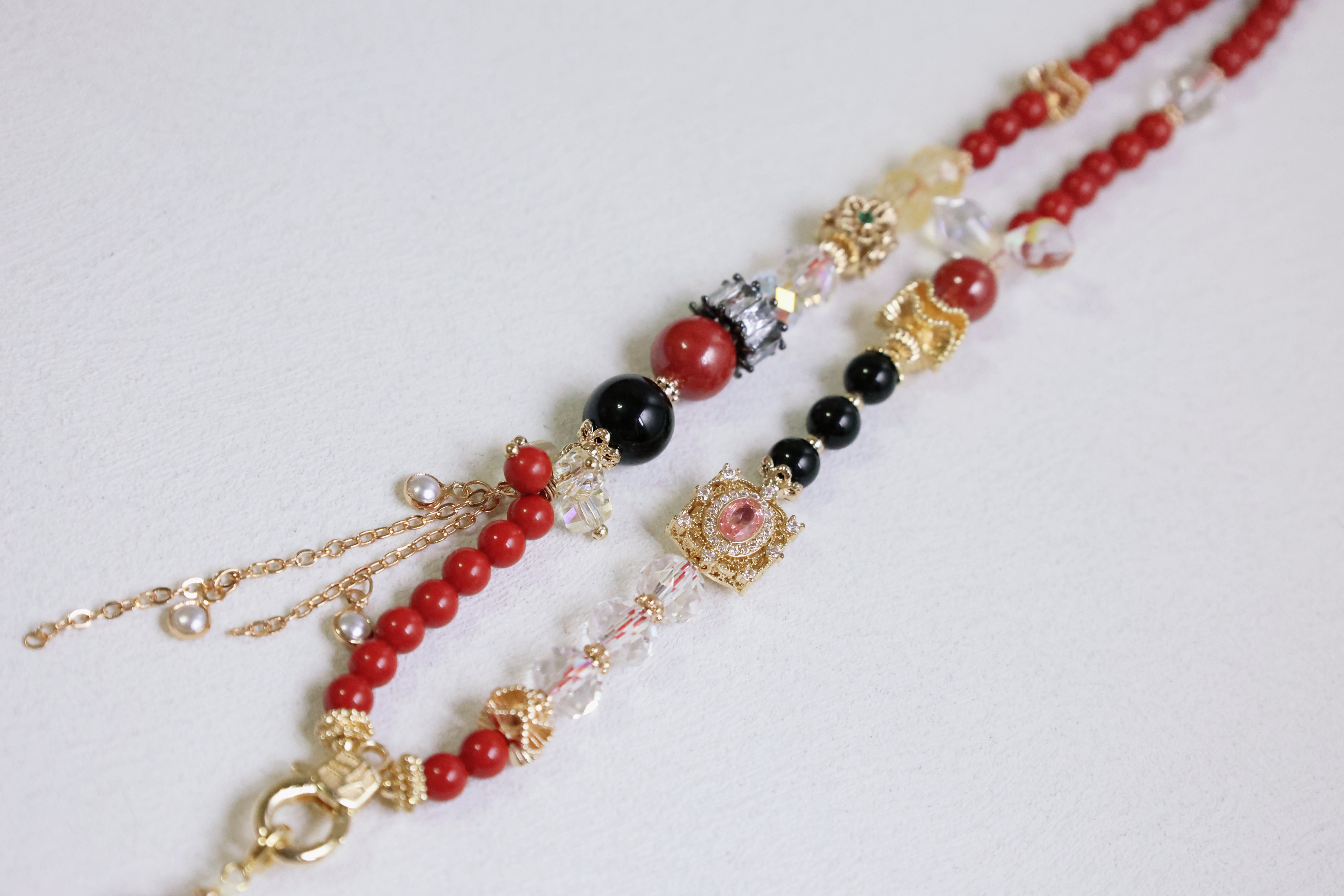 Crimson Cascade - Red Cinnabar, Black Tourmaline & White Crystal Tassel Multi-Purpose Chain