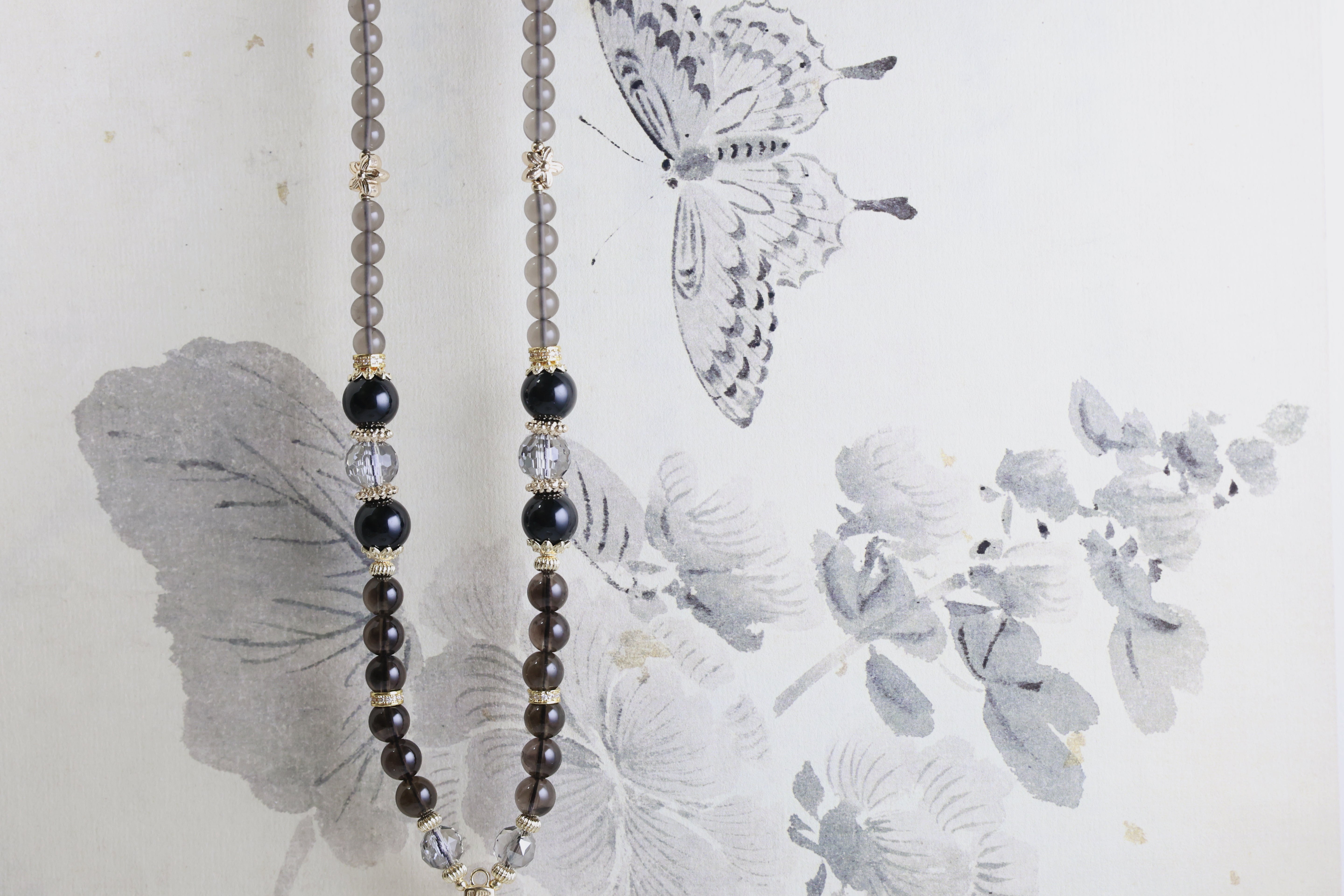 Eclipse Charm - Obsidian & Smoky Quartz Flower Multi-Purpose Chain